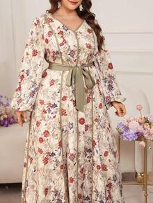 Modelyn 大码女式褶皱纹理撞色印花长袖优雅通勤连衣裙 - 彩色 - 查看 1