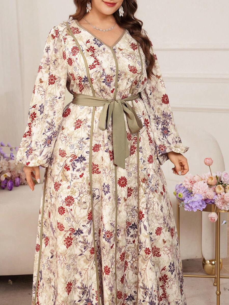 Modelyn 大码女式褶皱纹理撞色印花长袖优雅通勤连衣裙 - 彩色 - 查看 1