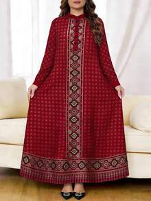 SHEIN Najma Đầm dài tay cổ cài cúc, họa tiết hình bầu dục, dáng rộng, thanh lịch dành cho nữ cỡ lớn, thích hợp cho mùa xuân/thu. - Nhiều màu - Xem 5
