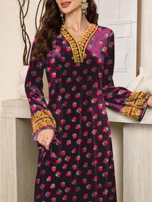 SHEIN Najma 女士红色花卉印花紫色优雅长袖丝绒阿拉伯连衣裙，春秋季 - 綠色 - 查看 4