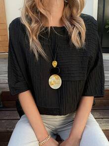 Vivie Lora Women's Solid Color Loose Fit Round Neck Patchwork T-Shirt, Short Sleeve Summer - Black - View 1