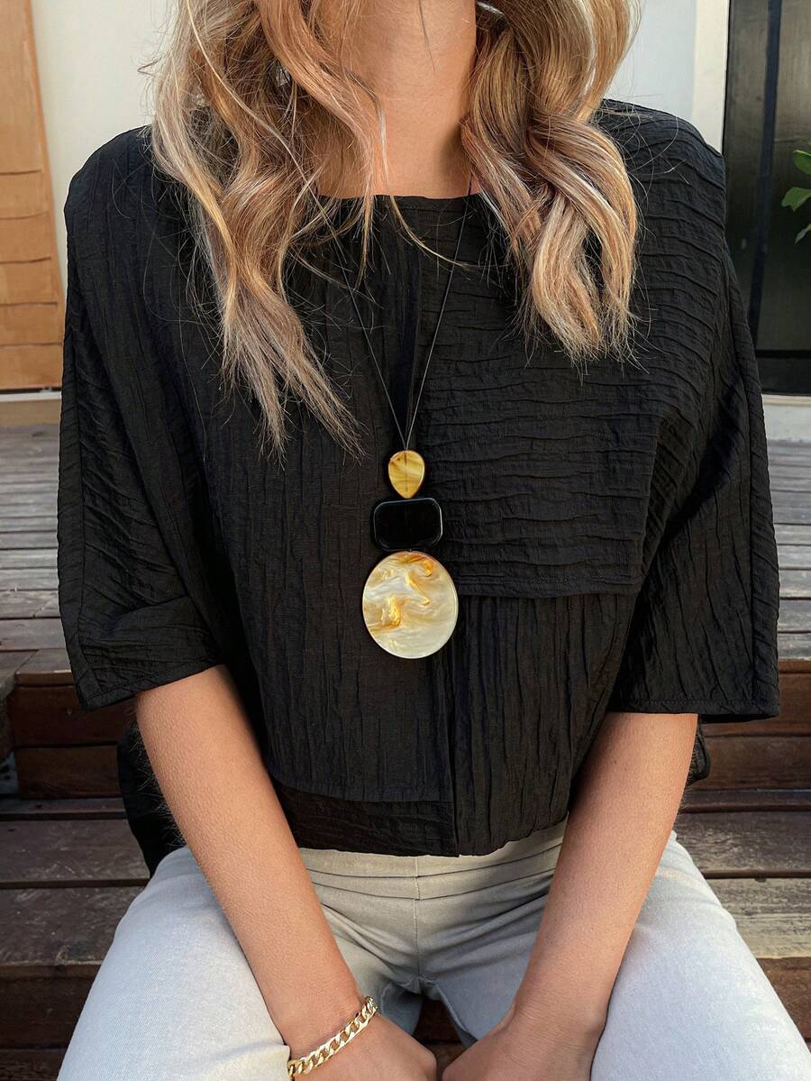 Vivie Lora Women's Solid Color Loose Fit Round Neck Patchwork T-Shirt, Short Sleeve Summer - Black - View 1