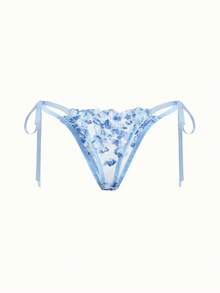 Bonmuse 2pcs Women Cool Light Blue Flower Embroidered Mesh Sheer Lace-Up Lingerie Set, Intimate Apparel For Valentine's Day, Kawaii Ultrathin Bra