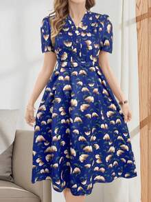 EMERY ROSE Vestido midi con cuello en V, cintura con lazo y manga corta, elegante y casual para mujer - azul real - Ver 3