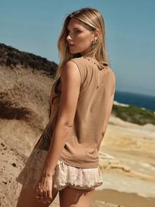 MOTF STUDIO WOMEN'S RIVET TWIST ASYMMETRIC T-SHIRT, SPRING/SUMMER - Khaki - View 5