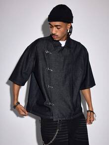 ROMWE MEN Street Life Men's Dropped Shoulder Short Sleeve Casual Loose Asymmetrical Hem Top - Blue - View 1