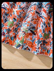 SHEIN 女童针织背心+印花裙两件套，适合日常通勤、外出，展现活泼可爱风格，小女孩两件套女童夏装套装，小女孩套装夏季 - 橘色 - 查看 6