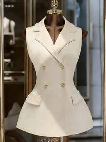 GlowEve 新款女士珍珠拼接无袖优雅上衣 - 杏色 - 查看 1