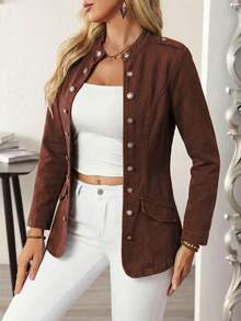 EMERY ROSE Plus Size Women's Long Sleeve Single-Breasted Casual Denim Jacket - Coffee Brown - View 9