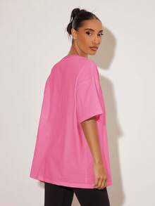 SHEIN BASICS 女士纯色简约短袖T恤，休闲日常穿着 - 玫紅色 - 查看 3