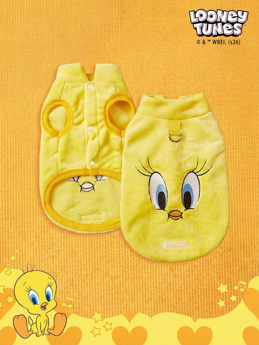 LOONEY TUNES X PETSIN 1件绣花黄色小黄鸟宠物猫狗通用黄色带防滑扣毛绒保暖舒适无袖防滑外套T恤 - 黃色 - 查看 1