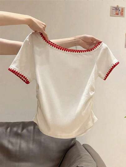 INAWLY Camiseta de manga corta casual de cuello redondo con bloques de color para mujer