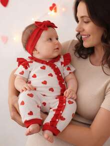 SHEIN 2件套婴儿男女通用婴儿幼儿新生儿0-3岁情人节爱心图案荷叶边按扣连体衣和红色发带套装，春夏款，适合新年、情人节、生日派对、节日、周岁生日、拍照、新生儿连体衣、男女通用连体衣 - 紅白色 - 查看 7