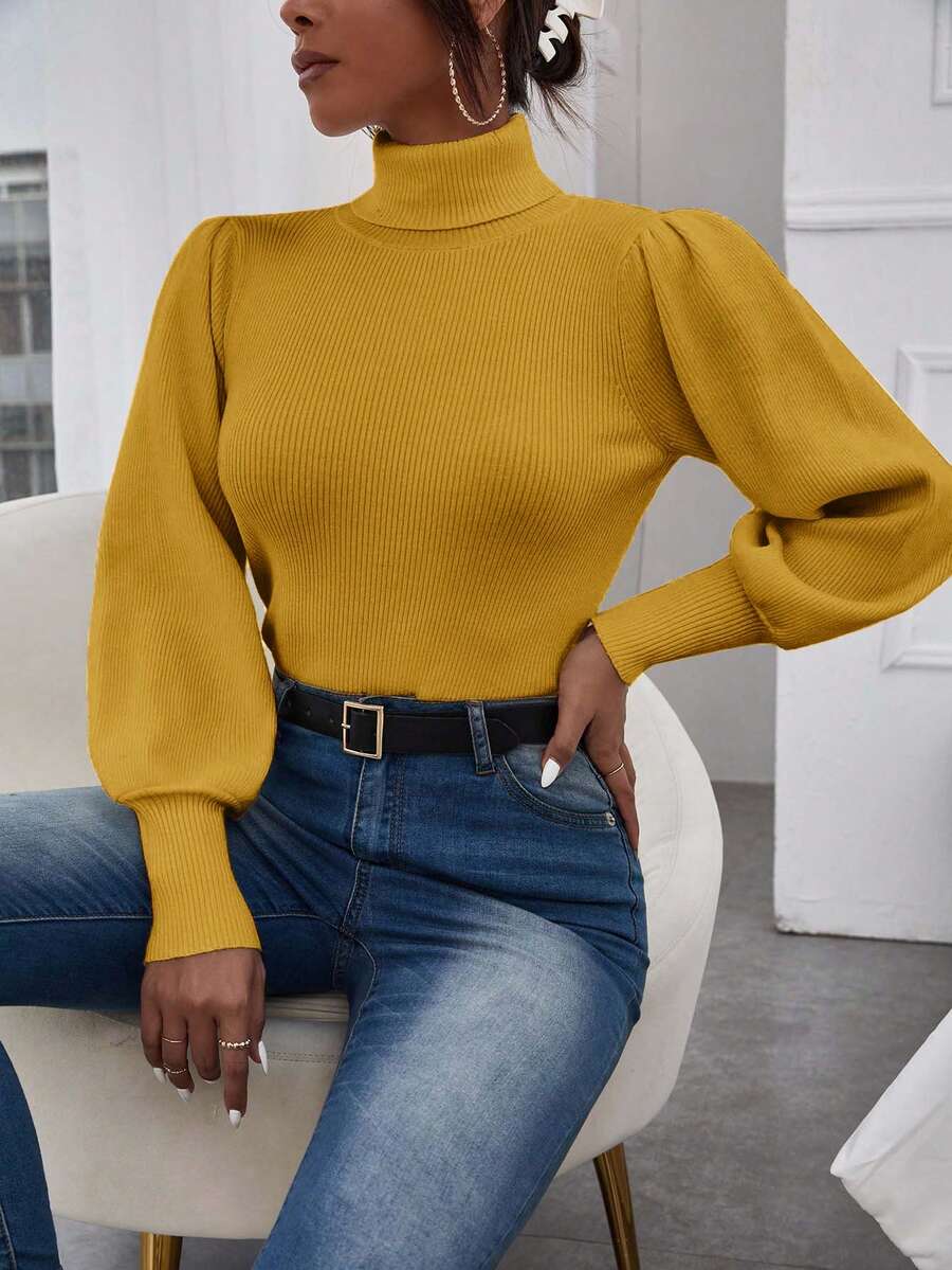 RueChic Turtleneck Lantern Sleeve Ribbed Knit Sweater - Yellow - View 1