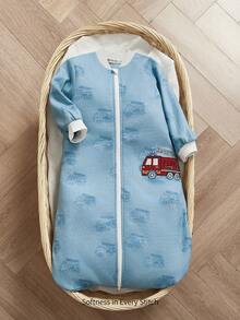 Cozy Pixies 一件式婴儿薄款长袖刺绣卡通消防车睡袋，适合春夏穿着，适合新生儿 - 藍色 - 查看 3