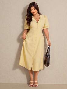 Elaquor Đầm midi cổ vuông màu vàng nhạt kẻ sọc tối giản dáng rộng dành cho nữ, đầm midi kẻ sọc vàng, đầm sơ mi nữ, đầm màu vàng nhạt, đầm kiểu Pháp, trang phục mùa xuân cho nữ, đầm mùa xuân cho nữ - Vàng nhạt - Xem 1