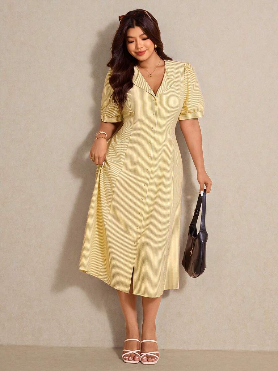 Elaquor Đầm midi cổ vuông màu vàng nhạt kẻ sọc tối giản dáng rộng dành cho nữ, đầm midi kẻ sọc vàng, đầm sơ mi nữ, đầm màu vàng nhạt, đầm kiểu Pháp, trang phục mùa xuân cho nữ, đầm mùa xuân cho nữ - Vàng nhạt - Xem 1