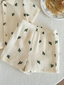 LMoss Kids 男婴可爱仙人掌印花衬衫套装，休闲舒适 - 白色 - 查看 4