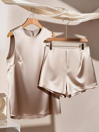 SHEIN Tall CURVE Plus Size Women Solid Color Round Neck Sleeveless Shirt And Shorts Casual 2 Piece Set