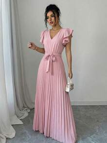 Elenzga V-Neck Cap Sleeve Ruched A-Line Elegant Romantic Sophisticated Women Dress - Dusty Pink - View 5