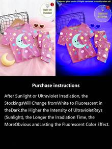 1set Young Girls Glow-In-The-Dark Cartoon Moon & Star Print Crew Neck Tight Fit Knit Short Sleeve Top And Pants Pajama Set - Pink - View 6