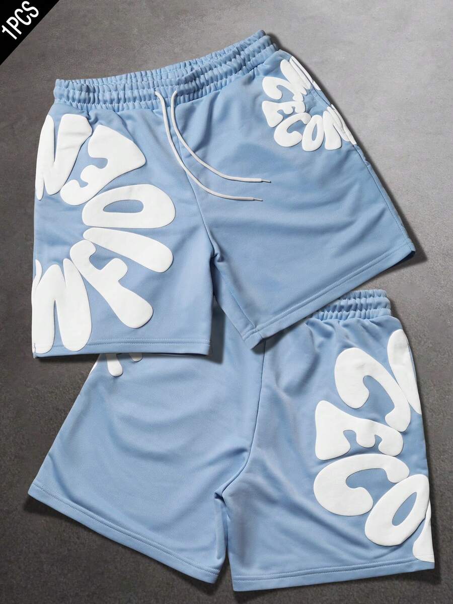 SLATEMANN Men's Casual Letter Print Shorts, Summer - Baby Blue - View 1