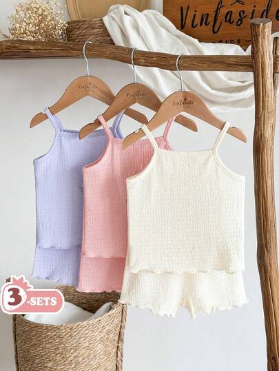 SHEIN Vintaside Kids 女婴舒适百搭甜美可爱吊带短裤套装，多件套夏季服装