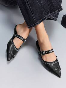CUCCOO GRLICON Zapatos planos con puntera puntiaguda y decoración de remaches para mujer - Negro - Ver 2