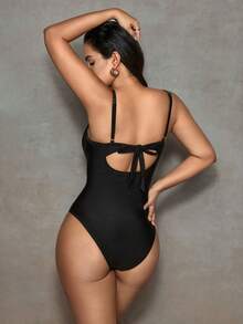 Shapewave 女士夏季沙滩纯色金属面料吊带前系带弹力连体泳衣，舒适休闲度假 - 黑色 - 查看 2