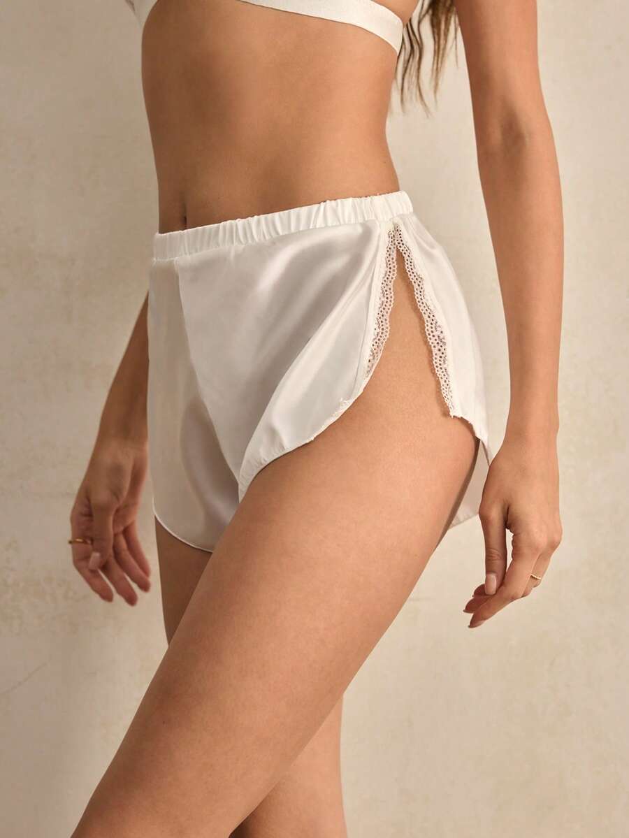 Charlaine Women's Satin Lace Trim Side Slit Hipster Panties