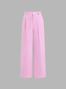 SHEIN Sweetro 2pcs Women Lace Patchwork Striped Bandeau Top And Straight Leg Pants Set - Pink - View 5