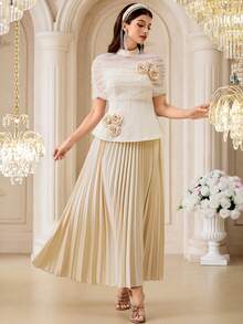 Modelyn Conjunto de 2 piezas de top de malla con decoración floral 3D y falda plisada elegante para fiesta de mujer - Albaricoque - Ver 5