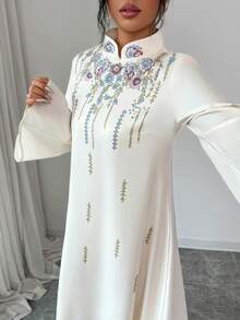 SHEIN Raffinéa 女士纯色印花优雅休闲旗袍领中式纽扣长袖宽松连衣裙，中东风格，端庄得体，可定制印花，春秋季，适合日常穿着 - 杏色 - 查看 6