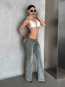 SHEIN ICON Quần jeans ống loe cổ điển cổ điển cỡ lớn dành cho nữ, phong cách đường phố sang trọng, màu xanh đậm - Rửa nhẹ - Xem 5