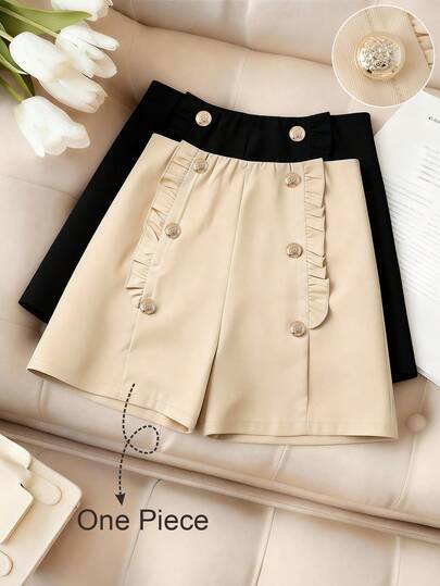 Franclia High-Waisted A-Line Wide Leg Women's Pants With Double-Breasted Buttons And Frill Trim, Slimming, Spring/Autumn New Style