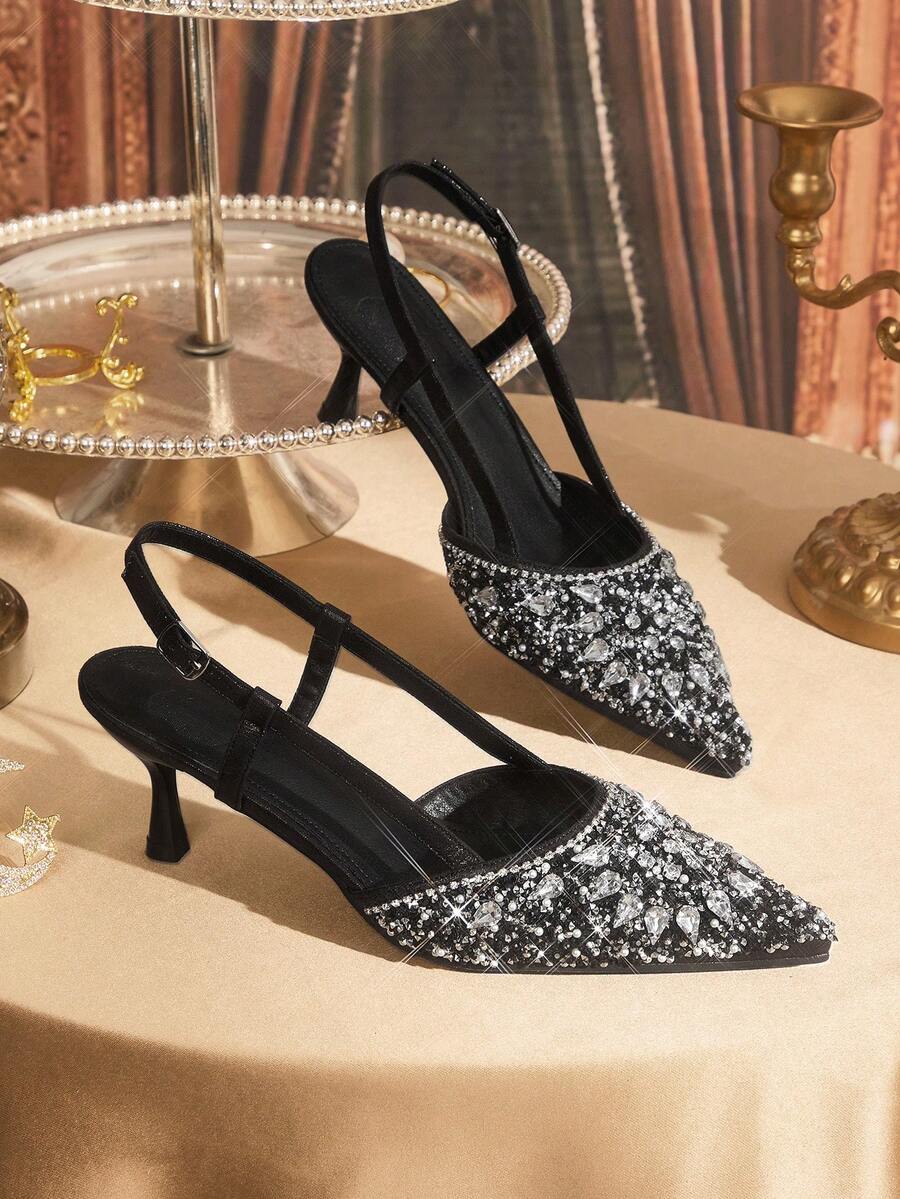 CUCCOO TILAWA Women Shoes Pointed Thin High Heel Black Rhinestone Back Strap Sexy Fashion Gorgeous Banquet Party Nightclub Women High Heel Shoes After Empty Shoes Valentine's Day - Graphite Black - View 1