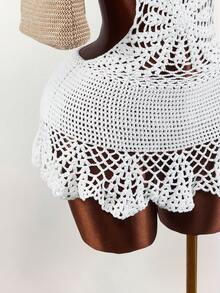 Amplova 女士针织刺绣腰部扭结麻花吊带露背性感蕾丝边迷你连衣裙/半身裙/罩衫 - 白色 - 查看 7