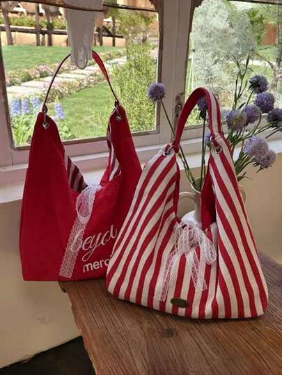 Joivida 1 件新款超大宽松针织帆布拼接手提包 – 条纹撞色艺术肩包/腋下包