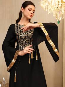 Al Najma Elegant Embroidered V-Neck Flare Sleeve Waist Tie Slim Fit Dress