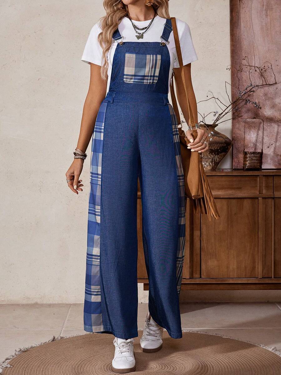 LanaWest 西部风格格子拼接口袋阔腿连体裤，百搭女士背带裤，春夏款 - 藍色 - 查看 1