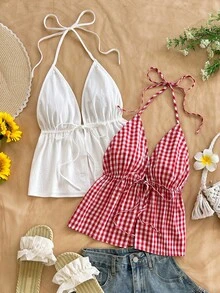 Soleia Camiseta de tirantes con cuello halter, cintura con lazo y dobladillo con volantes para mujer - Multicolor - Ver 5