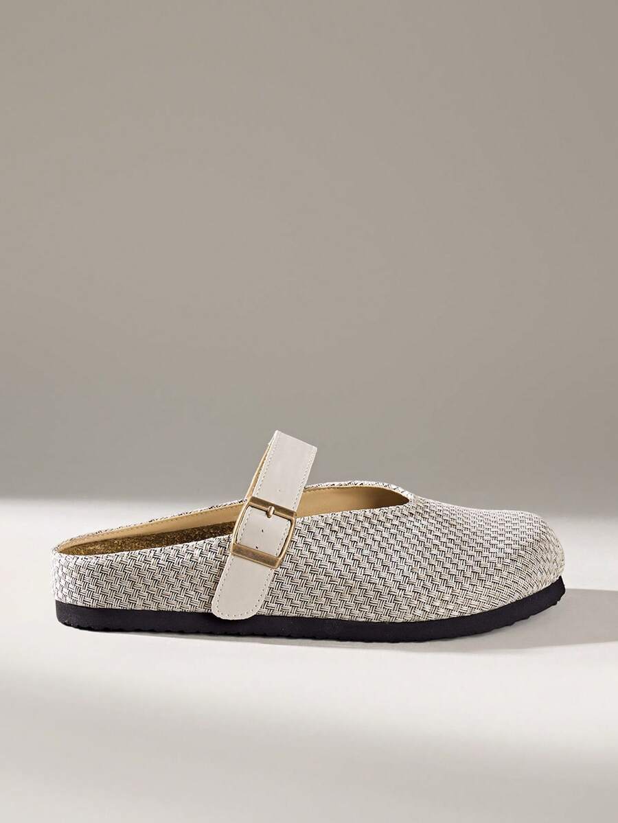 Solecia 女鞋 女鞋 夏季编织面单扣设计休闲度假风平底搭扣凉鞋 - 杏色 - 查看 1