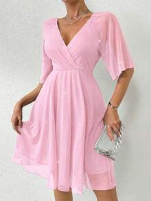 Rafferiza Mesh Embossed Ruffle Sleeve Waist Cinched Mini Dress - Pink - View 7