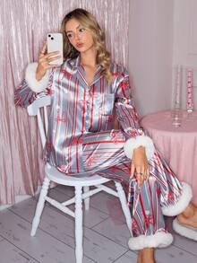 SHEIN Conjunto de pijama de mujer con lazo y rayas - Gris - Ver 1