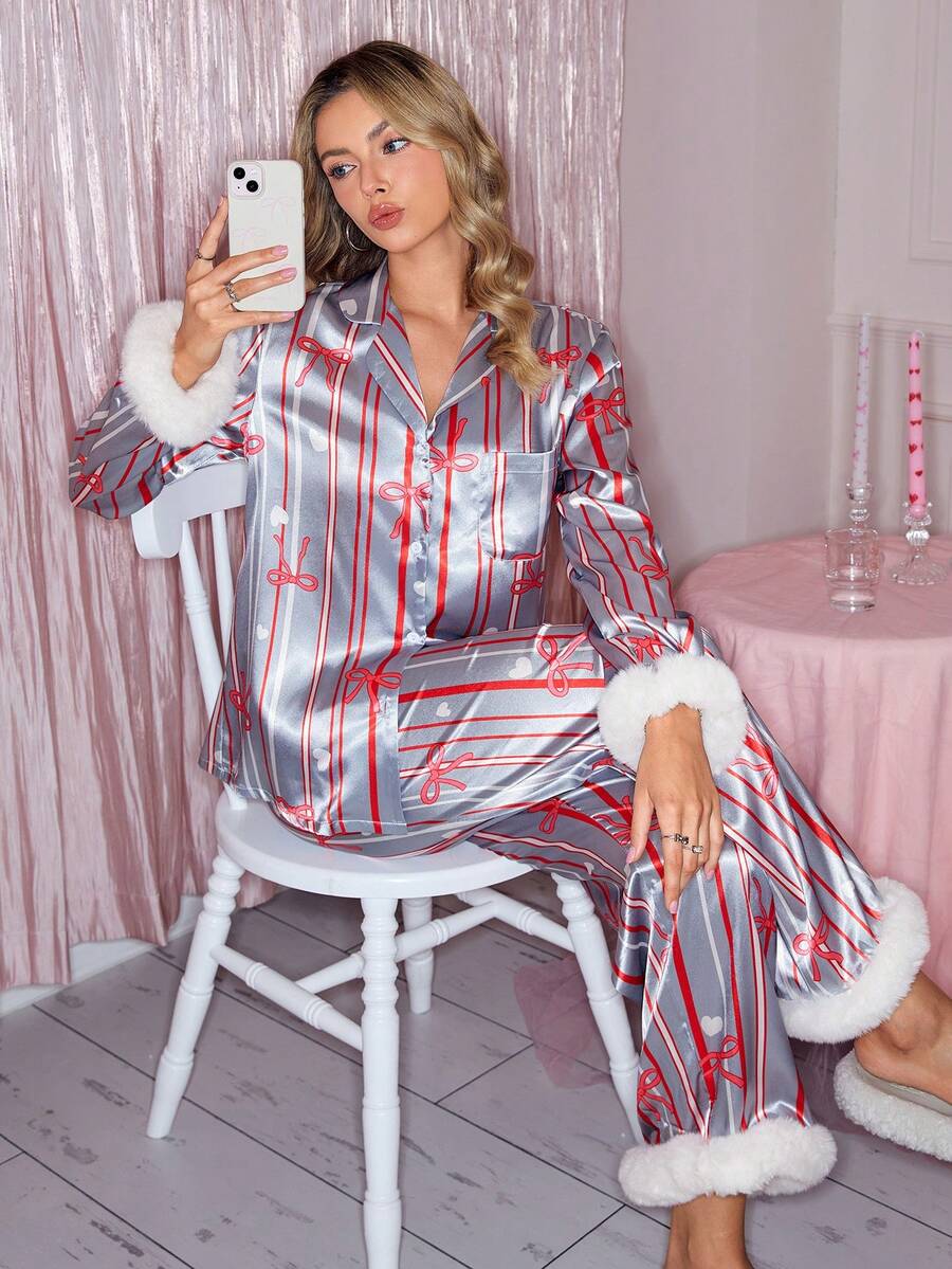 SHEIN Conjunto de pijama de mujer con lazo y rayas - Gris - Ver 1
