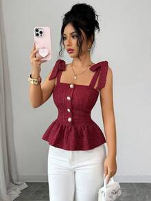 Elenzga 女士新款打结肩部设计荷叶边下摆时尚百搭约会派对上衣 - 酒紅色 - 查看 5