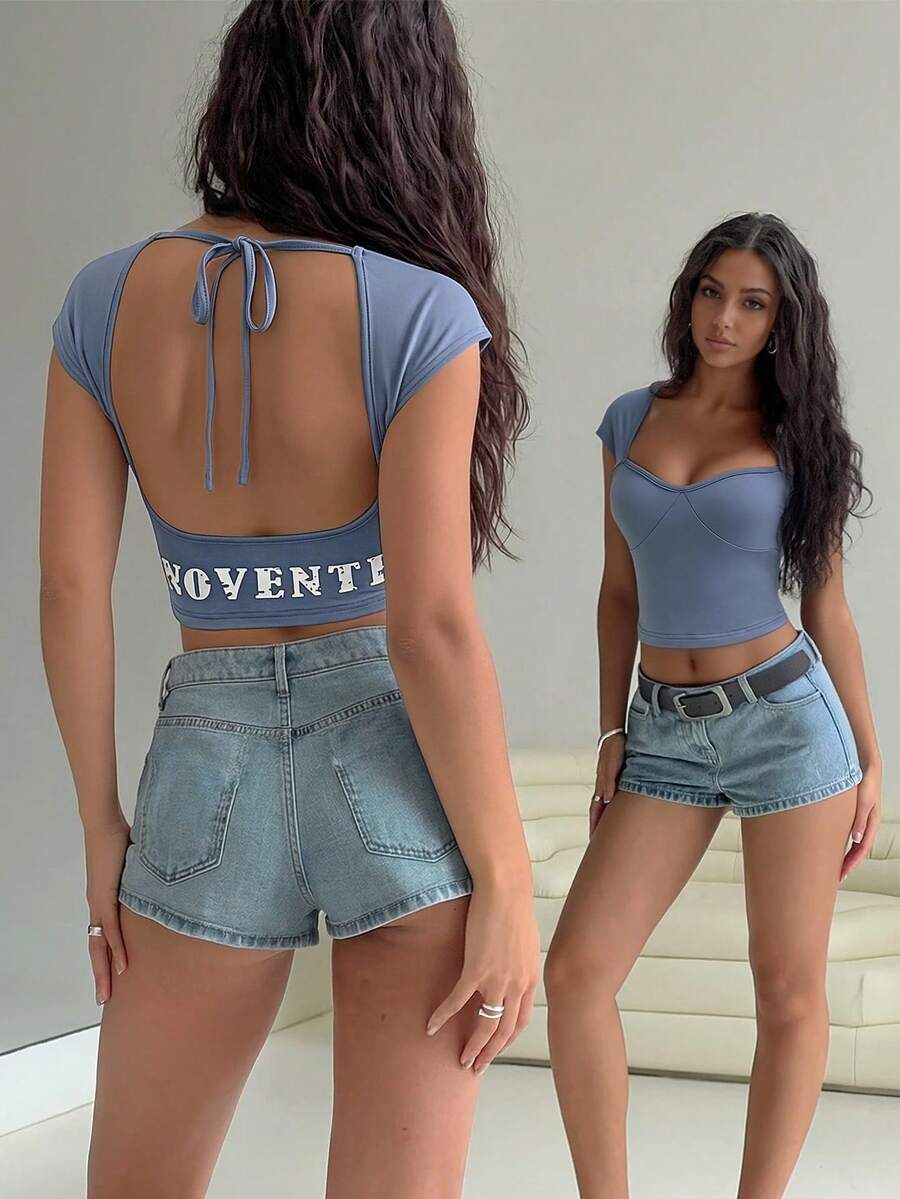 Zyxie Square Neck Cap Sleeve Hollow Out Backless Tie Strap Letter Print Blue T-Shirt - Blue - View 1