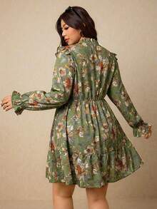 Elaquor 大码立领长袖印花荷叶边下摆休闲连衣裙 - 綠色 - 查看 2