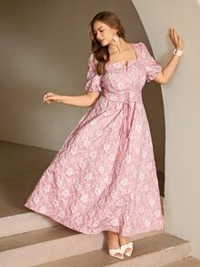 Roveilla Đầm midi dáng rộng, chất liệu jacquard, thiết kế buộc dây, phù hợp cho mùa xuân/hè. - Hồng - Xem 6