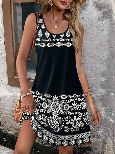 女士夏季无袖碎花连衣裙，圆领吊带沙滩波西米亚风连衣裙